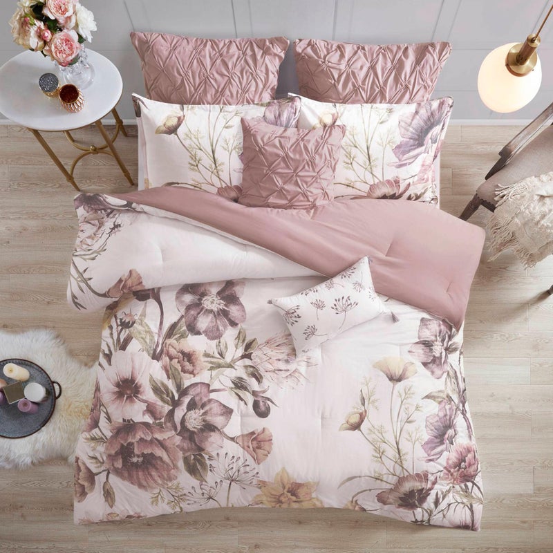 Madison Park Floral California King Comforter Set, Cotton Rich Bedding Set Feminine Design Shabby Chic Cal King Size Comforter Sets, All Season Bed Cover, Shams, Bed Skirt, DÃ©cor Pillow, Blush 8 Piece - Image 1